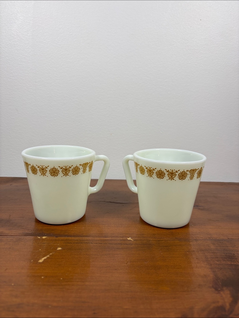 Vintage Pyrex 70s Milk Glass Coffee Mugs with Gold Butterfly Band - Set of 2